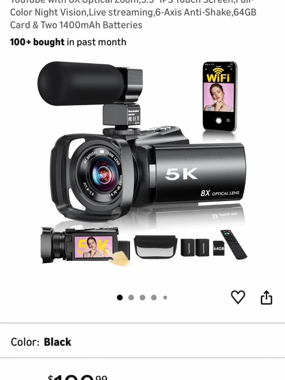 5K 8X Optical Camcorder with External Microphone - Black